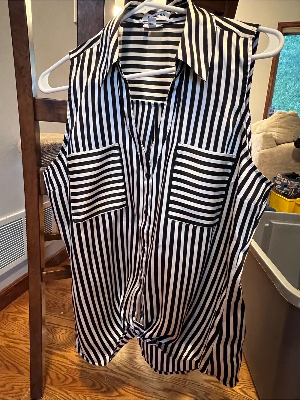 Express Black & White Vertical Stripe Sleeveless Button Shirt